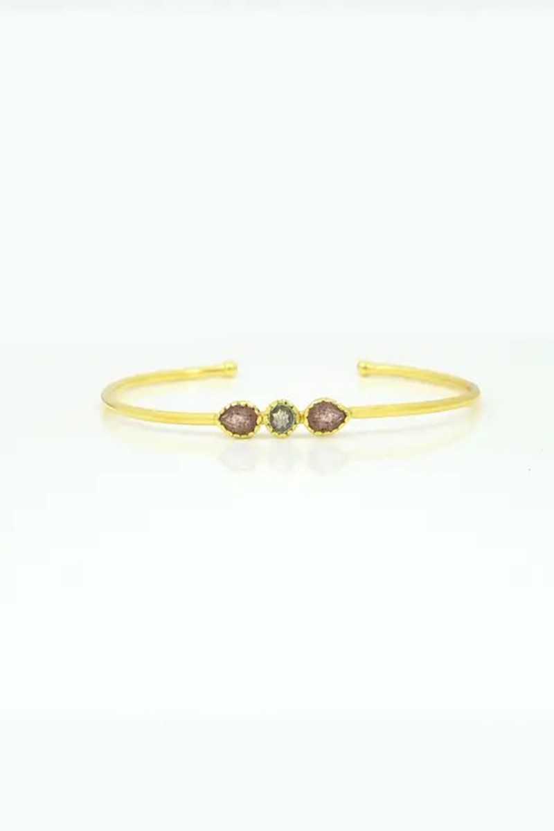 Schmuckoo - Brazalete minimalista dorado con labradorita y cuarzo fresa - Joyeria - Schmuckoo