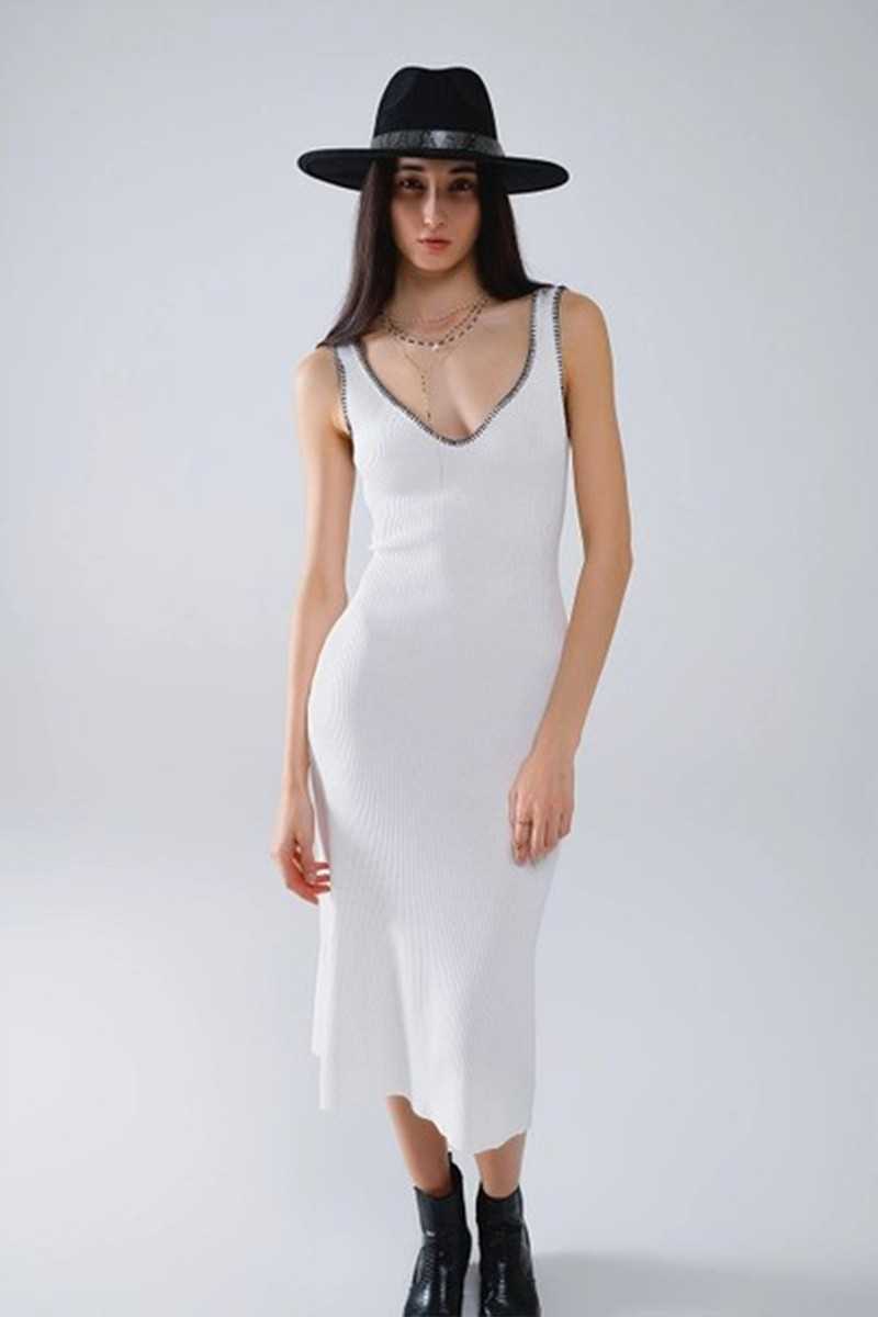 Q2 - Vestido de Punto de Verano Ajustado al Cuerpo en Blanco con Ribete Negro - Vestidos / Monos - Q2