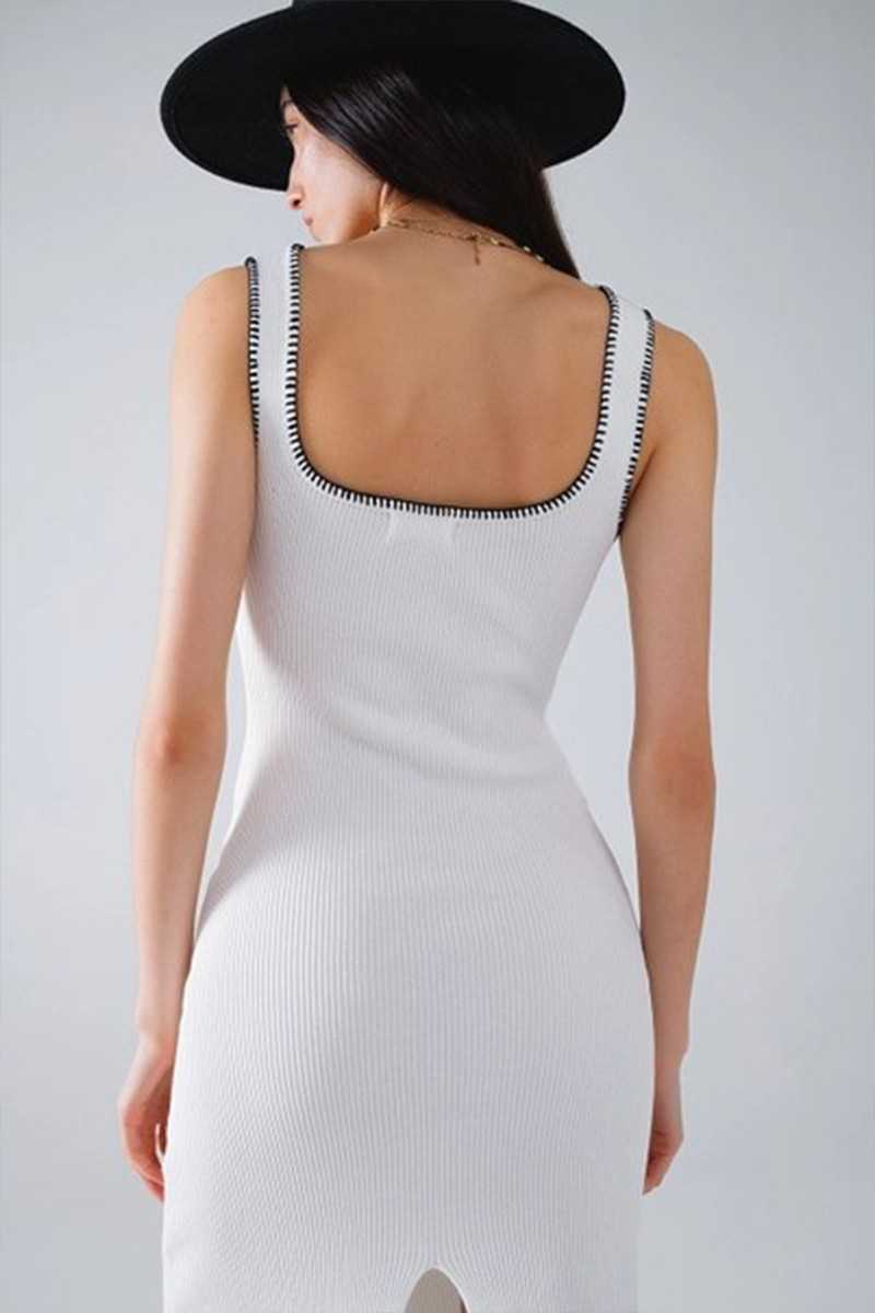 Q2 - Vestido de Punto de Verano Ajustado al Cuerpo en Blanco con Ribete Negro - Vestidos / Monos - Q2