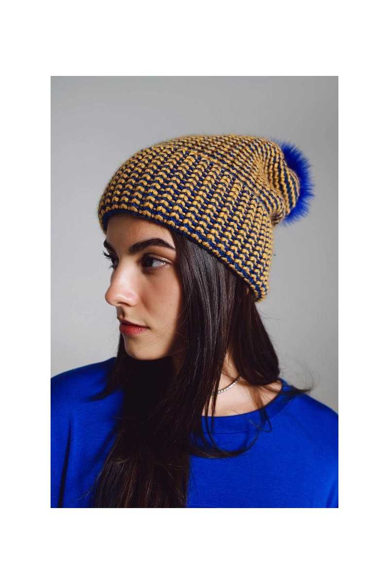 Q2 - Gorro De Punto Con Pompón En Azul Y Amarillo - Sombreros y gorros - Q2