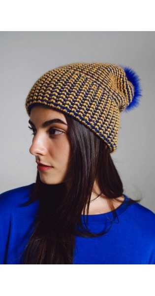 Q2 - Gorro De Punto Con Pompón En Azul Y Amarillo - Sombreros y gorros - Q2