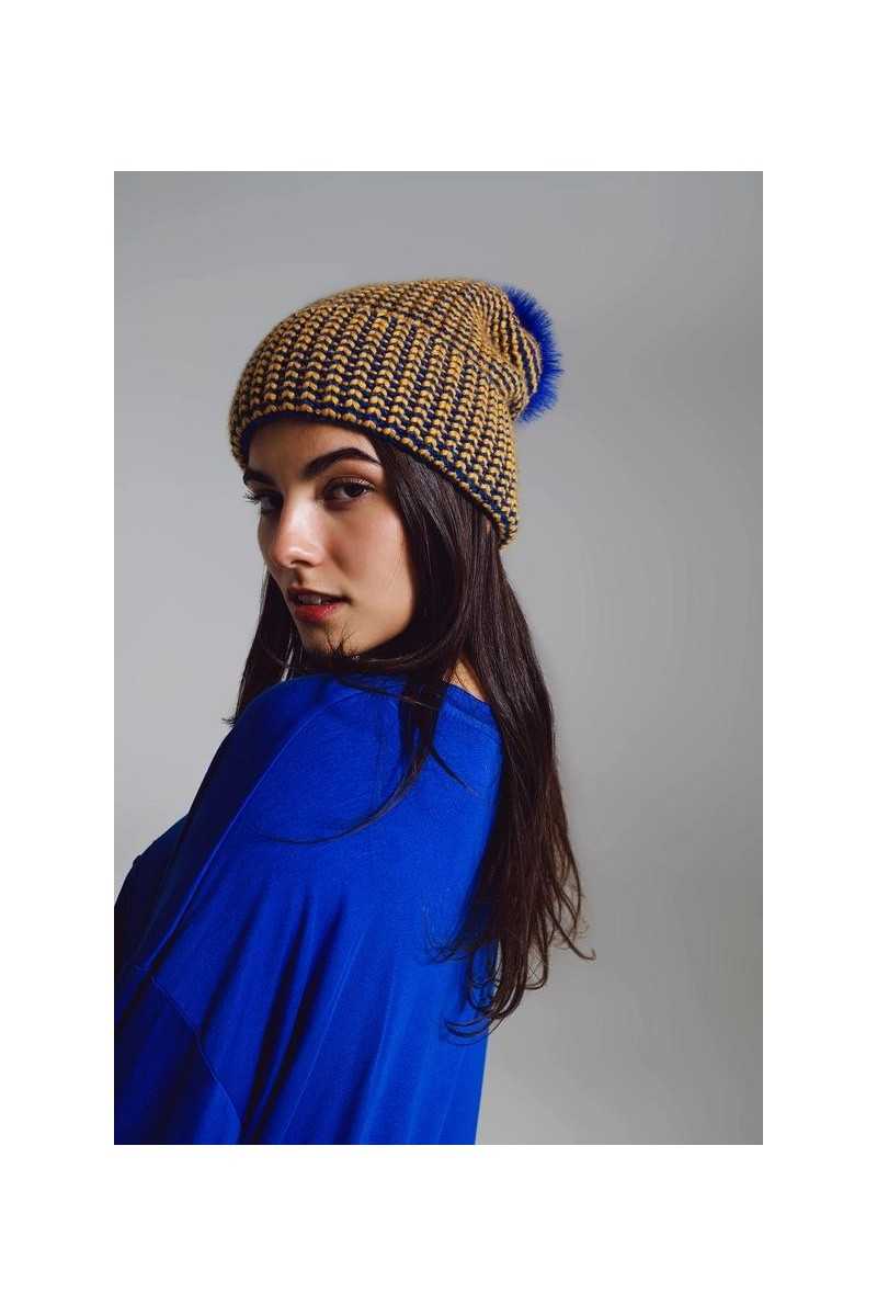 Q2 - Gorro De Punto Con Pompón En Azul Y Amarillo - Sombreros y gorros - Q2