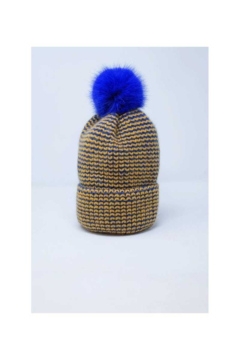 Q2 - Gorro De Punto Con Pompón En Azul Y Amarillo - Sombreros y gorros - Q2