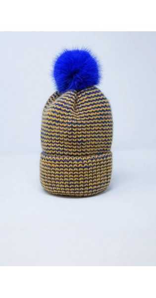 Q2 - Gorro De Punto Con Pompón En Azul Y Amarillo - Sombreros y gorros - Q2