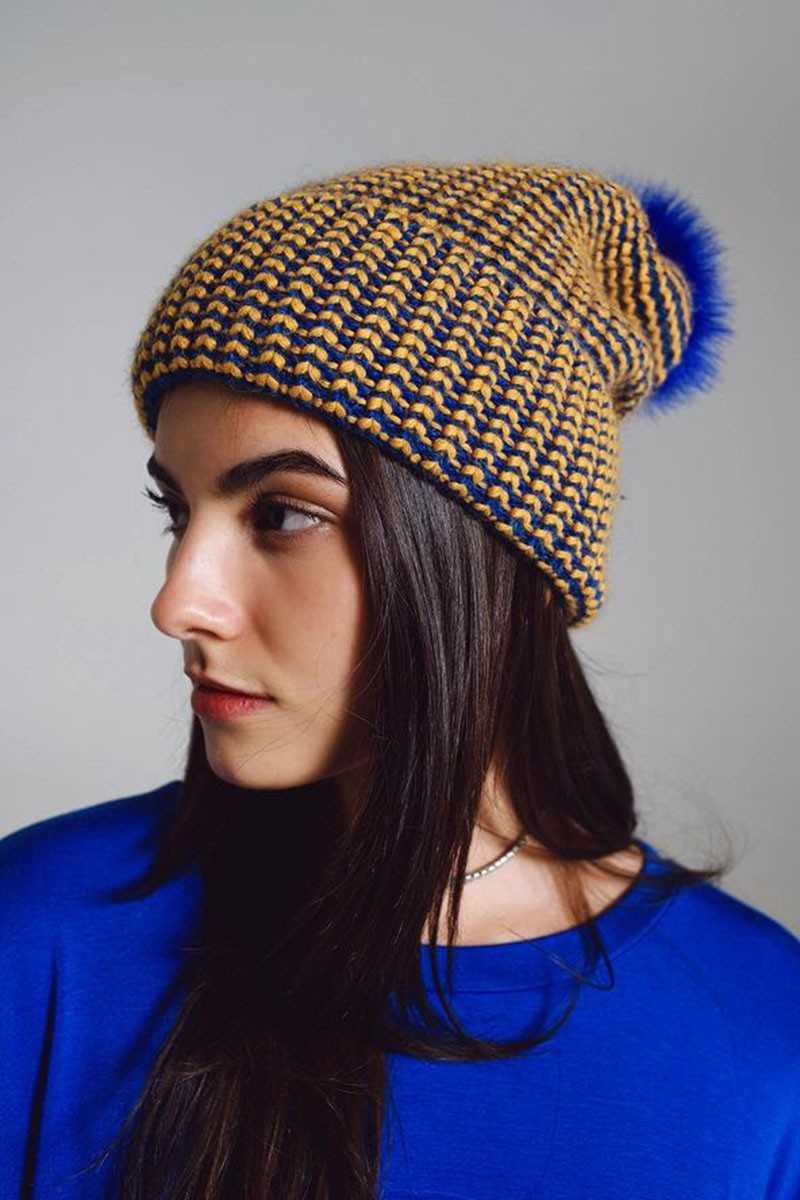 Q2 - Gorro De Punto Con Pompón En Azul Y Amarillo - Sombreros y gorros - Q2