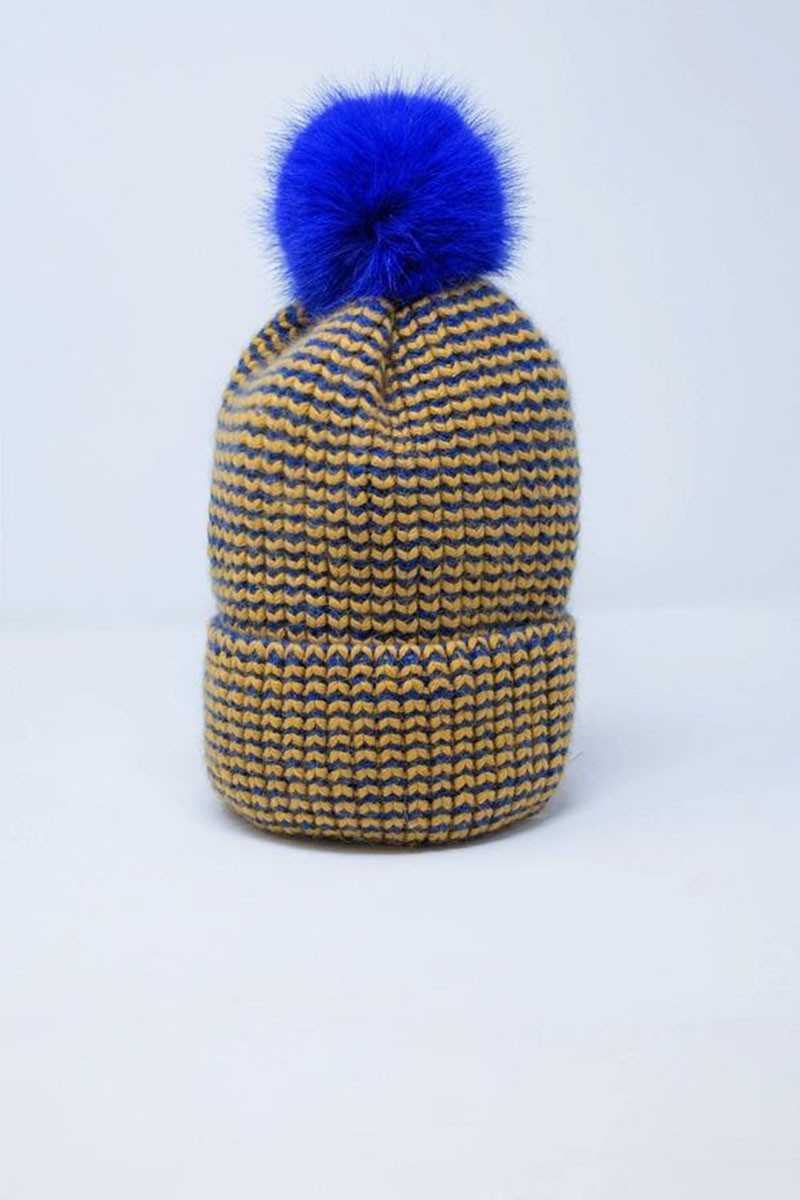 Q2 - Gorro De Punto Con Pompón En Azul Y Amarillo - Sombreros y gorros - Q2