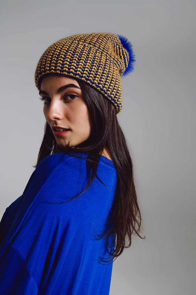 Q2 - Gorro De Punto Con Pompón En Azul Y Amarillo - Sombreros y gorros - Q2