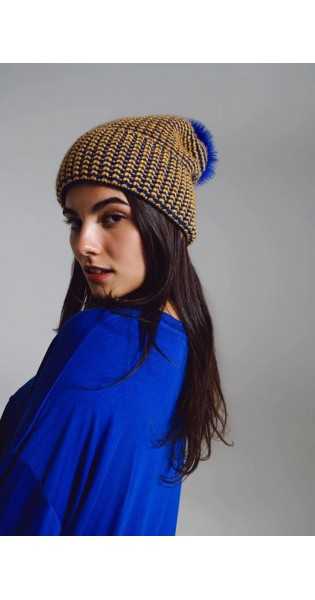 Q2 - Gorro De Punto Con Pompón En Azul Y Amarillo - Sombreros y gorros - Q2