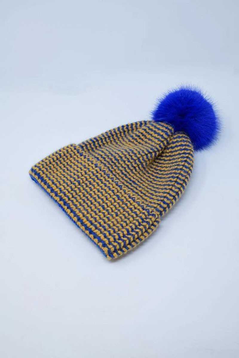 Q2 - Gorro De Punto Con Pompón En Azul Y Amarillo - Sombreros y gorros - Q2